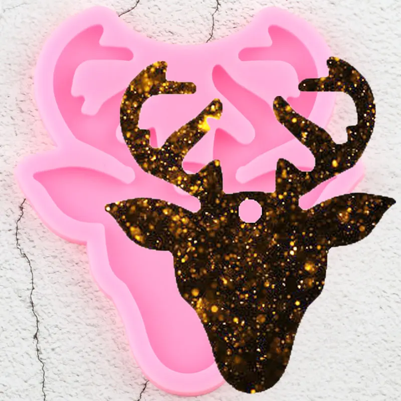 Блестящий олень головы брелки Плесень Рождество лося силиконовые формы глины DIY