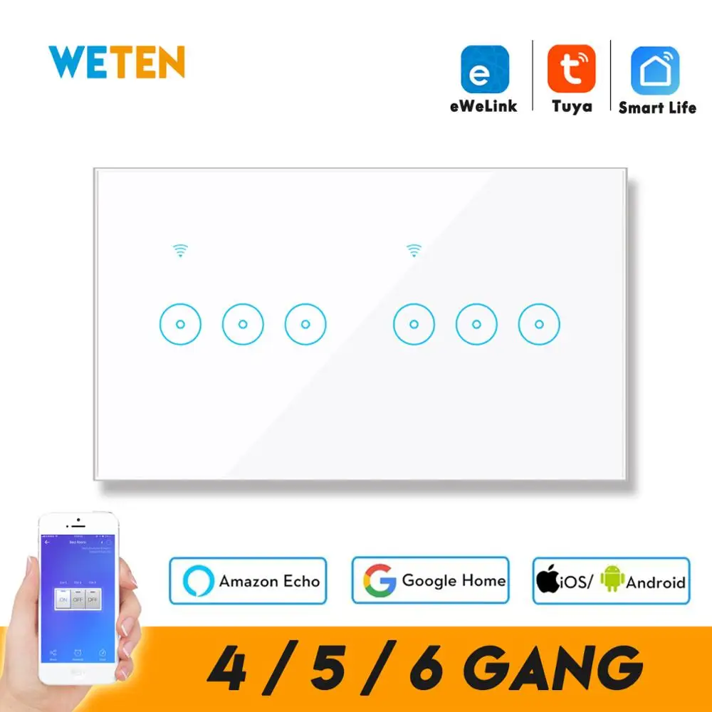 

Tuya eWeLink Smart Wifi Wall Touch Light Switch 4 5 6 Gang 220V 110V Black White, Smart Life App, Work with Alexa Google Home