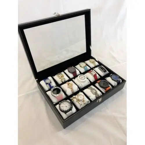 

Black Watch Box Quality Wooden Case 15 Watches Glass Cover Modern Watches Box