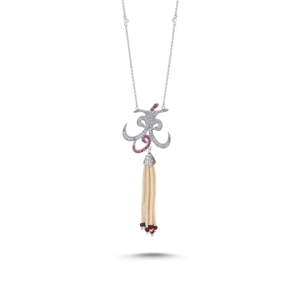 

Silver 925 Sterling Majorca Pearl and Stem Ruby Tassels Zircon Cubic Zirconia Vav-Derviş Necklace
