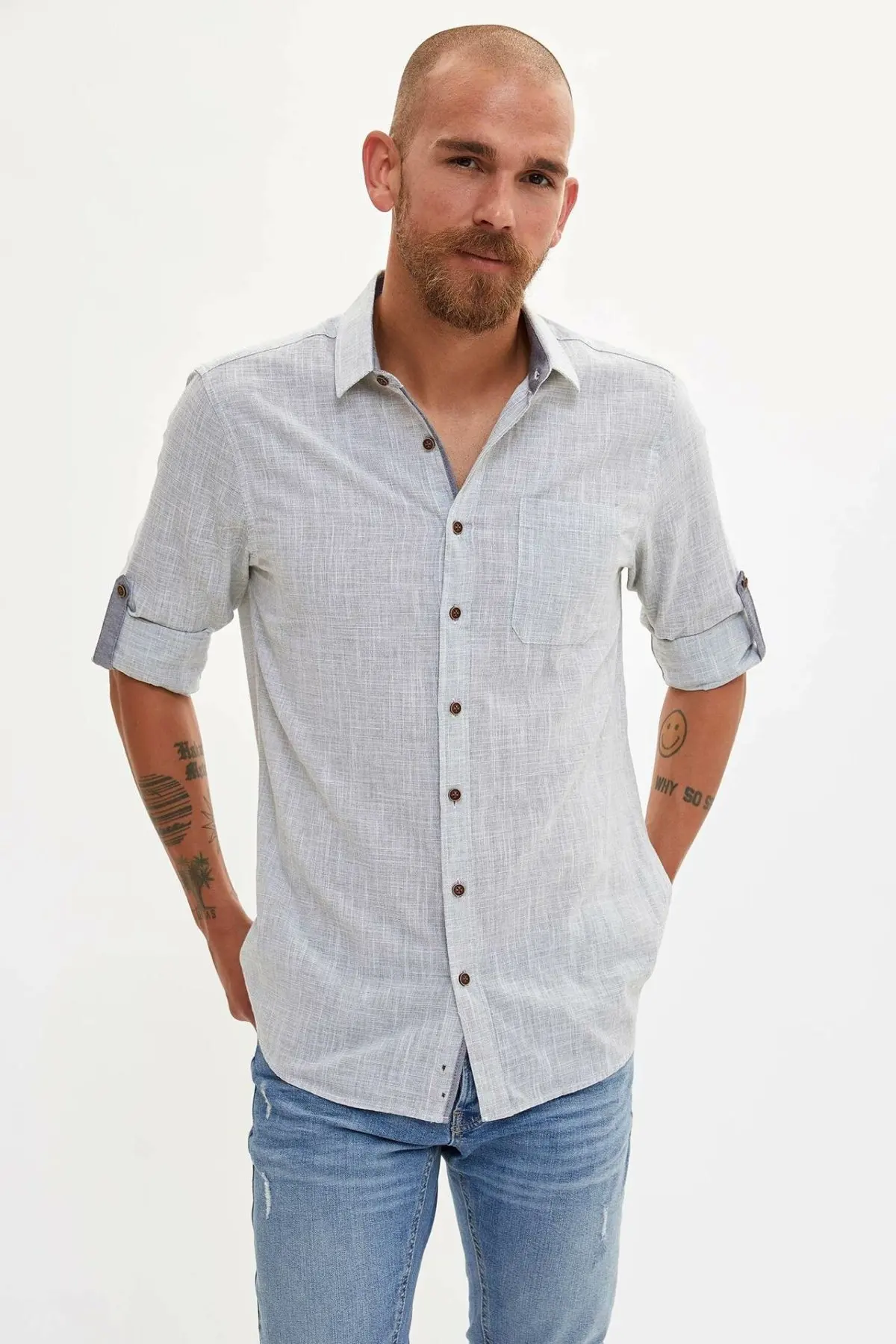 Дефакто Мужская Мода Твердые лацканы воротник рубашки с коротким рукавом