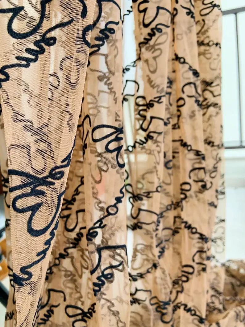 1Yard Brown Tulle Lace Fabric With Alphabet Eyes On Me Embroidered Mesh Velvet Words | Дом и сад