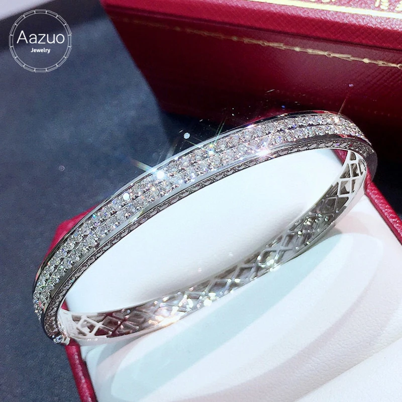 Aazuo 18K Solid White Gold Real Diamonds 3.0ct Luxuly Full set Line Bangle For Woman Upscale Trendy Wedding Engagement Party