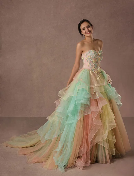 Радужное женское платье из тюля кружевное Пышное Платье трапеция с аппликацией и