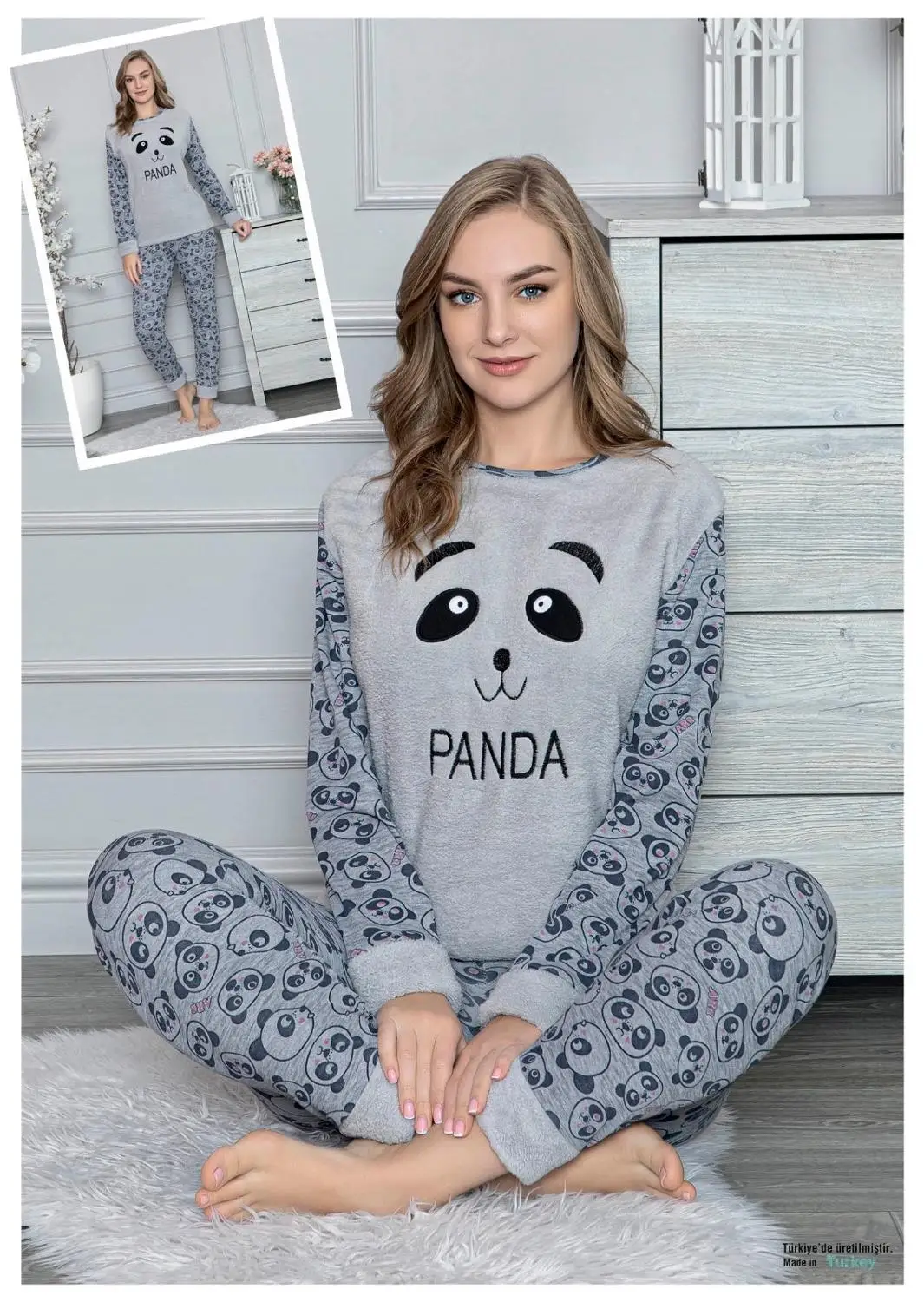 

Women Autumn Winter Long Sleeve Cotton Pajamas Sets Sleepwear Suit Carton Cute Big Girls Homewear Gift for Female Panda Grey