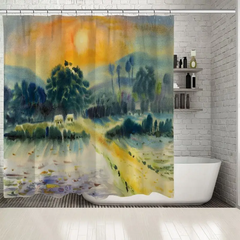 Занавеска для душа пейзаж красочные небо горы в вечернее солнце сельская природа