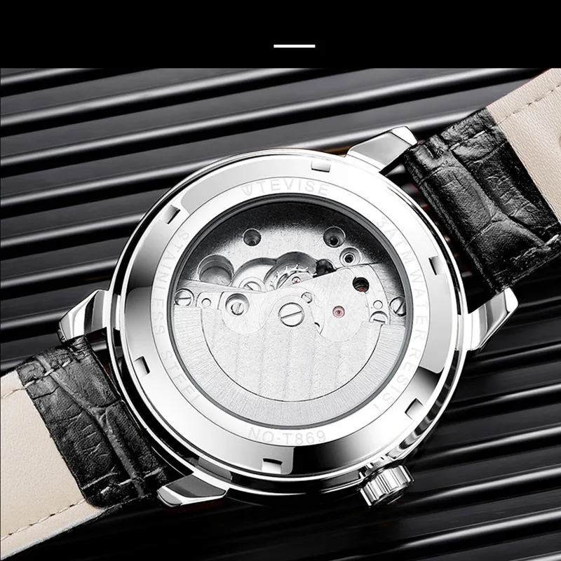 Часы TEVISE Мужские механические люксовые Автоматические наручные с кожаным