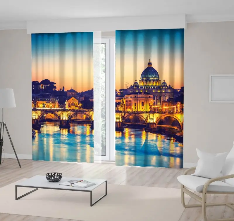 

Curtain St. Peter's Cathedral and Tiber River in Rome, Italy Sunset Evening View Romantic Scene Gold Brown Blue