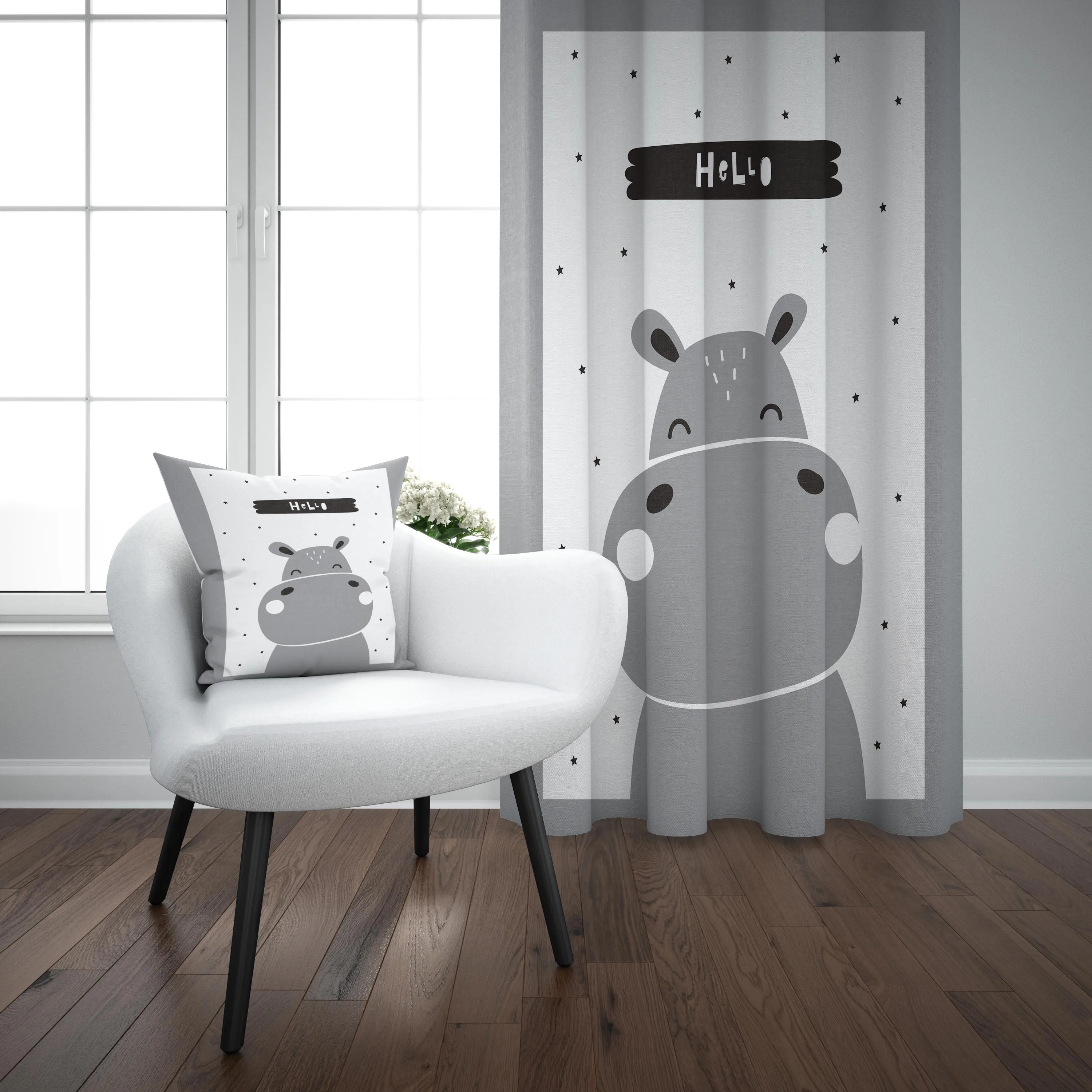 

Else Gray White Hippo Scandinavian Nordic 3d Print Kids Baby Children Window Panel Set Curtain Combine Gift Pillow Case