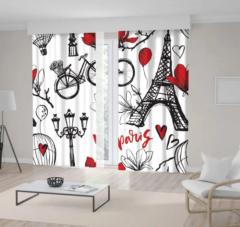 

Curtain Paris Symbols Romantic Magnolia Blossom Eiffel Tower Bicycle Balloons Pattern in Red and Black Art Printed