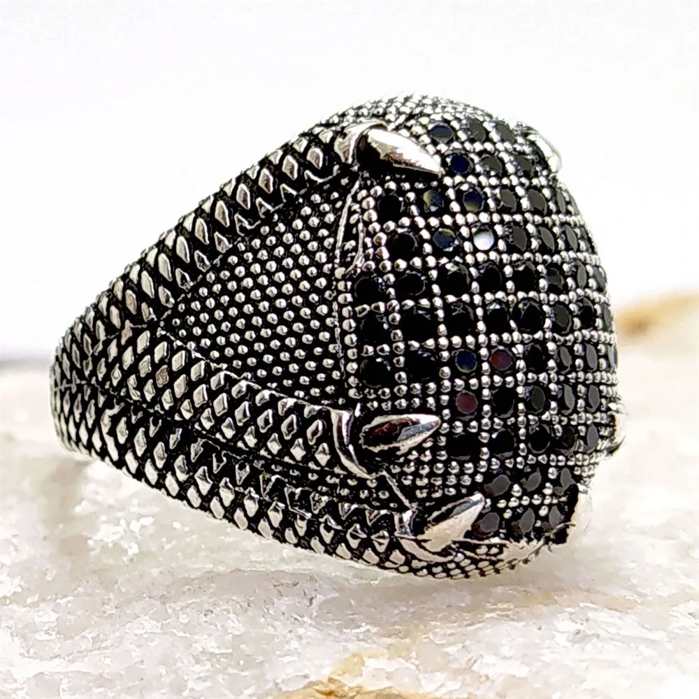 Micro Black Zircon Stone Claw Model Men's Silver Ring Special Gift for Women & Man Bohemian Fashion Jewelry - Made In Turkey