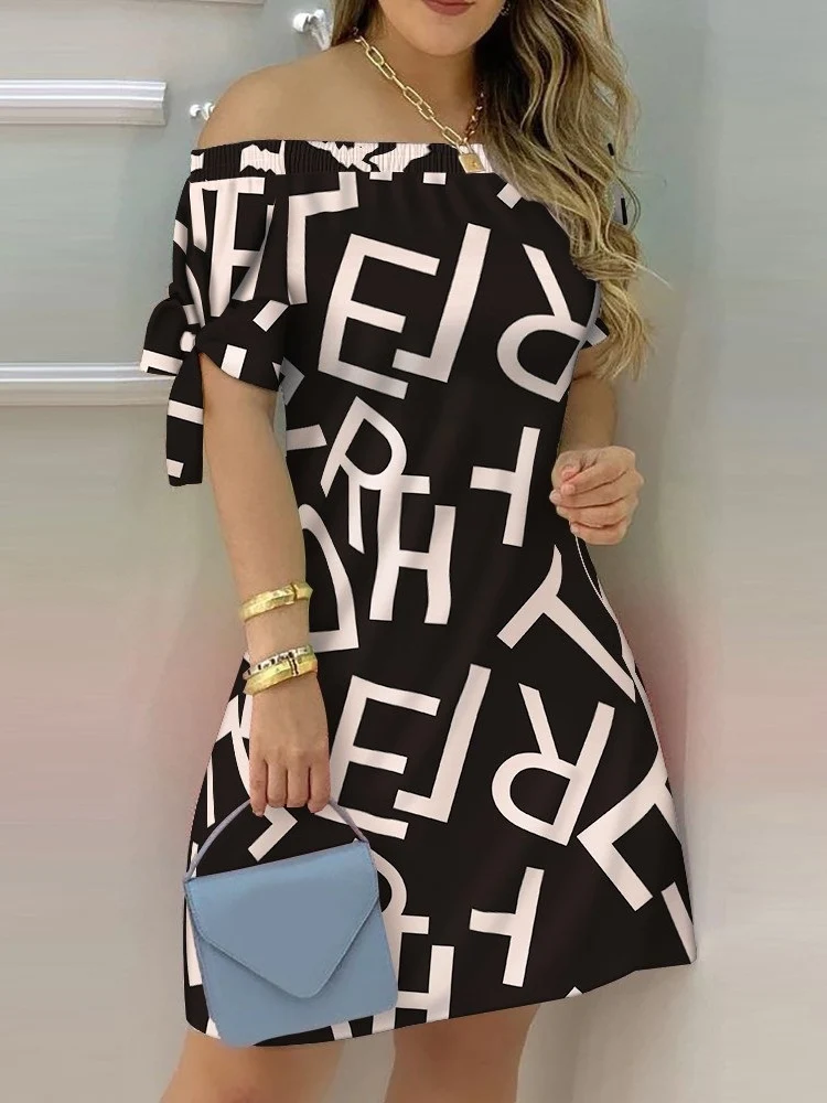 

3XL Women Floral Off Shoulder Mini Dress Fashion Casual Loose Summer Short Sleeve Sexy Bow Tie Print Striped Floral Vestidos