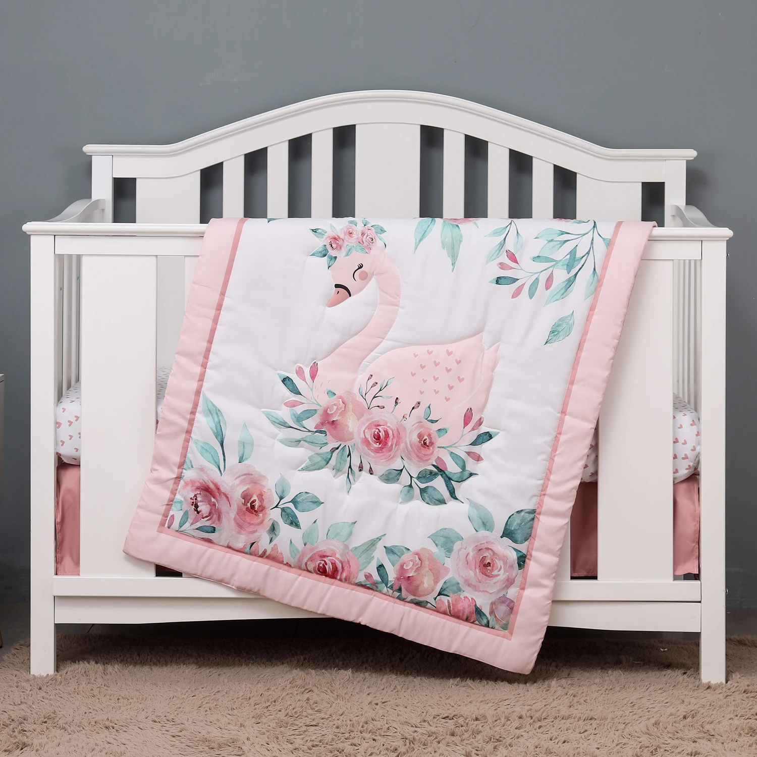 3pcs micro fiber brushed Baby Crib Bedding Set swan and flower design for Girls hot sale including quilt, crib sheet, crib skirt