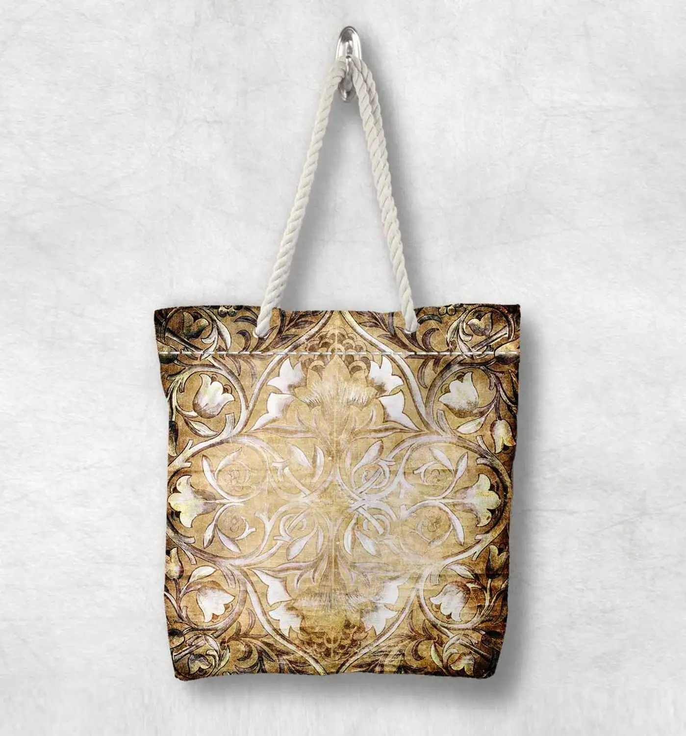 

Else Brown Yellow Ottoman Floral Antique New Fashion White Rope Handle Canvas Bag Cotton Canvas Zippered Tote Bag Shoulder Bag
