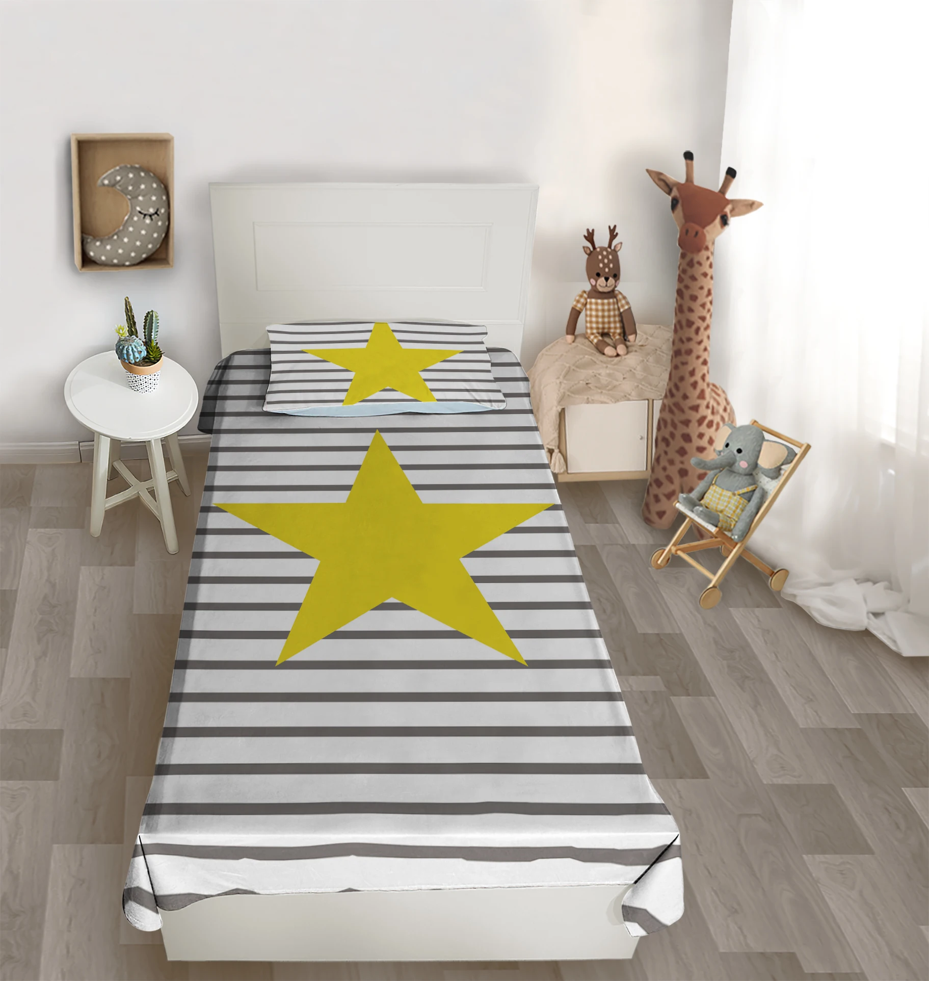 

Çocuk odası yatak örtüsü sarı yıldız gri