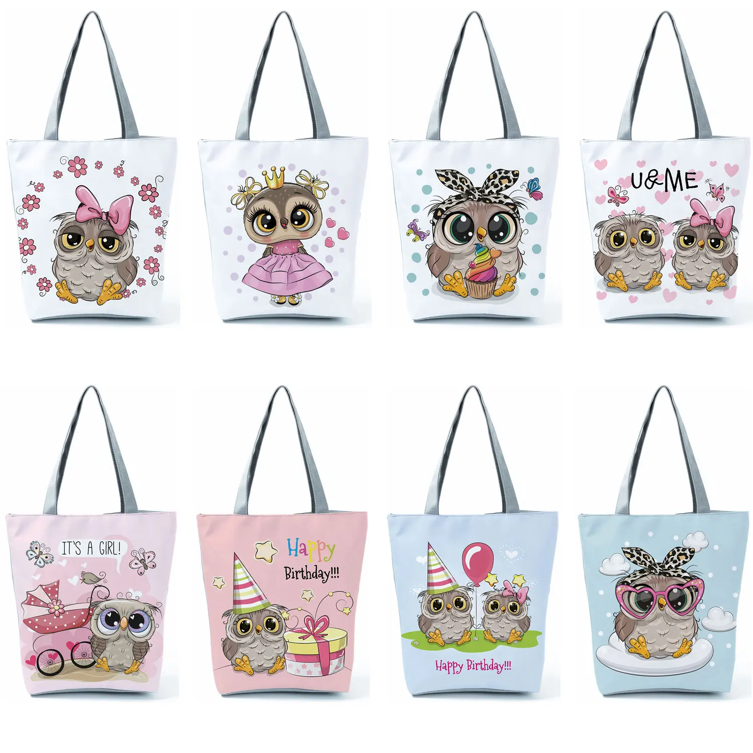 Cute Owl New Print Handbags High Capacity Shopper Bag Cartoon Travel Beach Foldable Women Fashion Shoulder Bag Custom Pattern