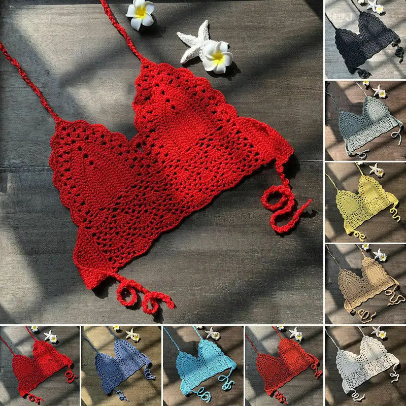 Сексуальное пуш ап бикини Топ Для женщин крючком Бохо пляжные маечки С Рисунком