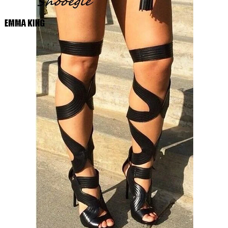 

EMMA KING Sapatos De Mujer Unique Design Black Brown Gladiator Thigh High Boots Sexy Open Toe Stage Perform Sandals Boots Women