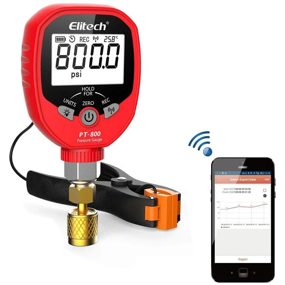 

Elitech PT-800 Wireless Freon Pressure Gauge HVAC Digital A/C Pressure Test with Temperature Clamp