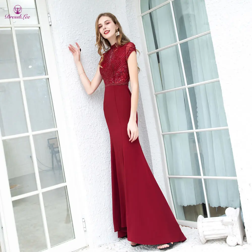 Turtleneck Burgundy 2020 New evening dress beaded full sexy attractive mermaid evening dress formal banquet dress vestoidos