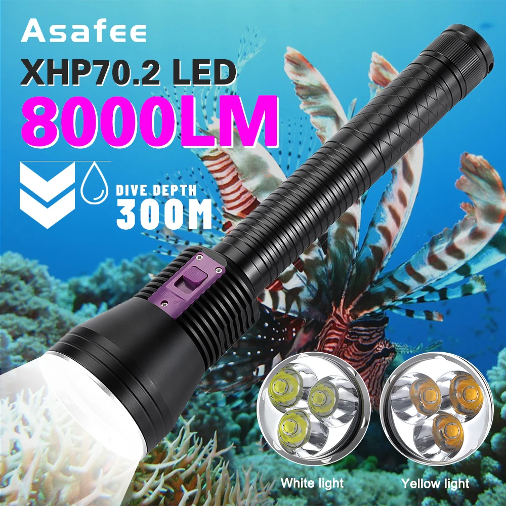 Asafee A37 XHP70.2 Powerful Diving Flashlight 8000LM LED Light IPX8 Waterproof Underwater 300 Meter Torches for Scuba Lanterna