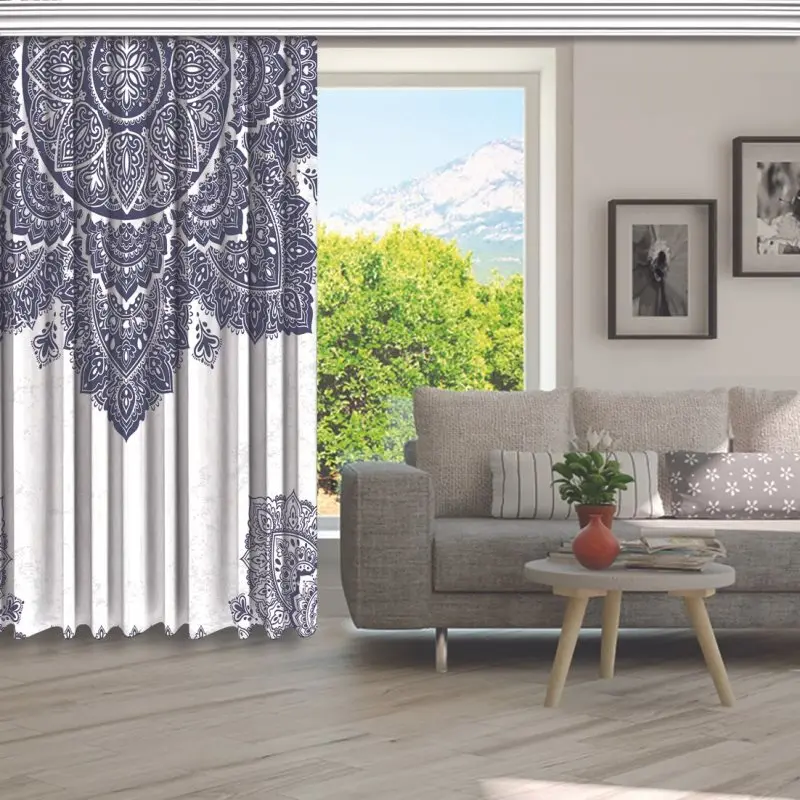 Занавес цветочный орнамент Этническая Мандала хна стиль синий и белый винтажный