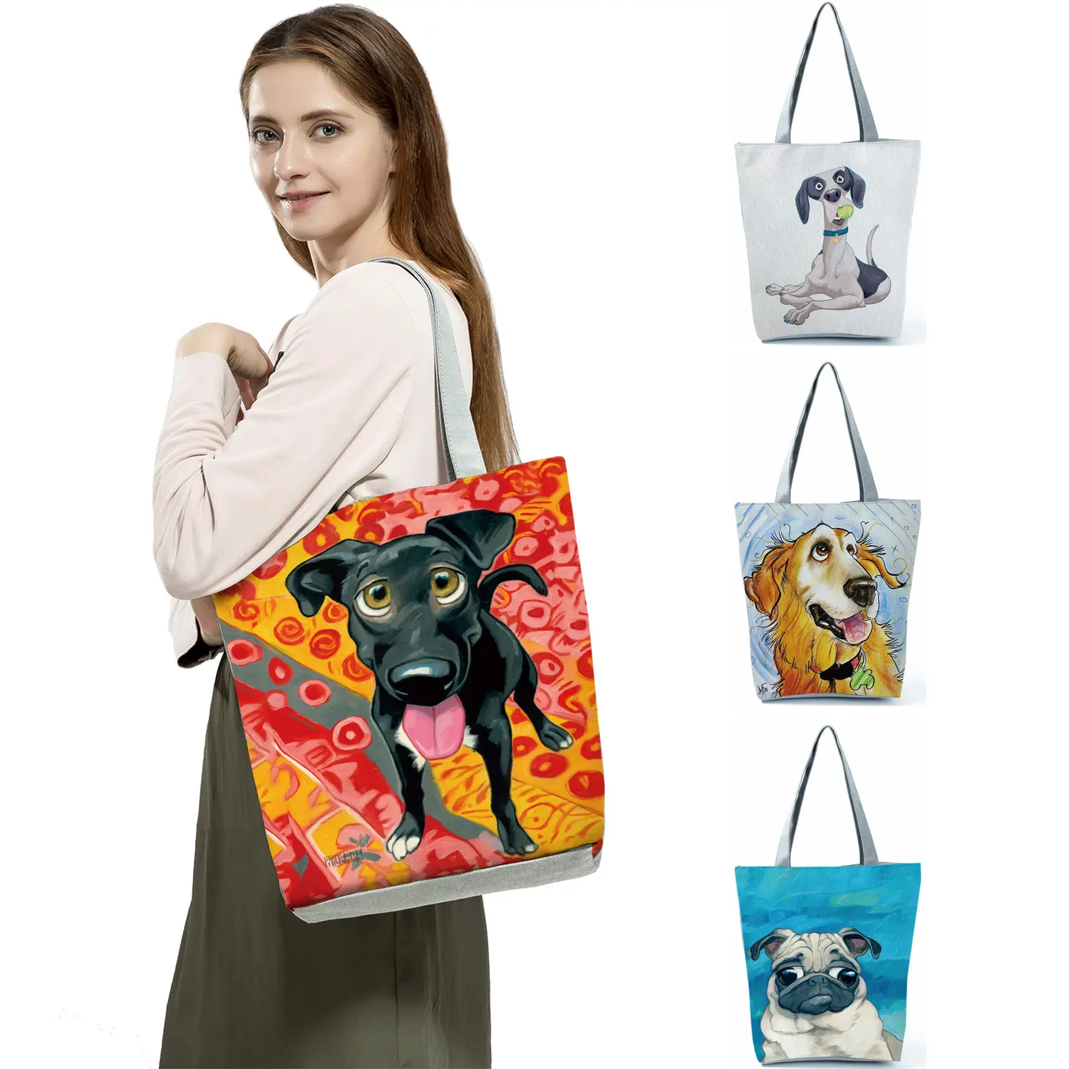 

Сумка-тоут с художественным принтом собаки, женская сумка золотистого ретривера шнауцера, вместительные сумки для покупок, для продуктов с ...