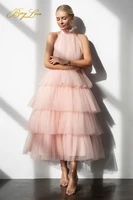 light pink prom dresses high neck tiered tulle tea length backless summer arabic wedding party gown graduation dress 2022