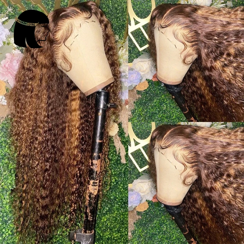 Changjin Highlight 13X6 Lace Front Wigs For Women With Baby Hair Brown Color Brazilian Kinky Curly 4x4 Closure Human Hair Wigs