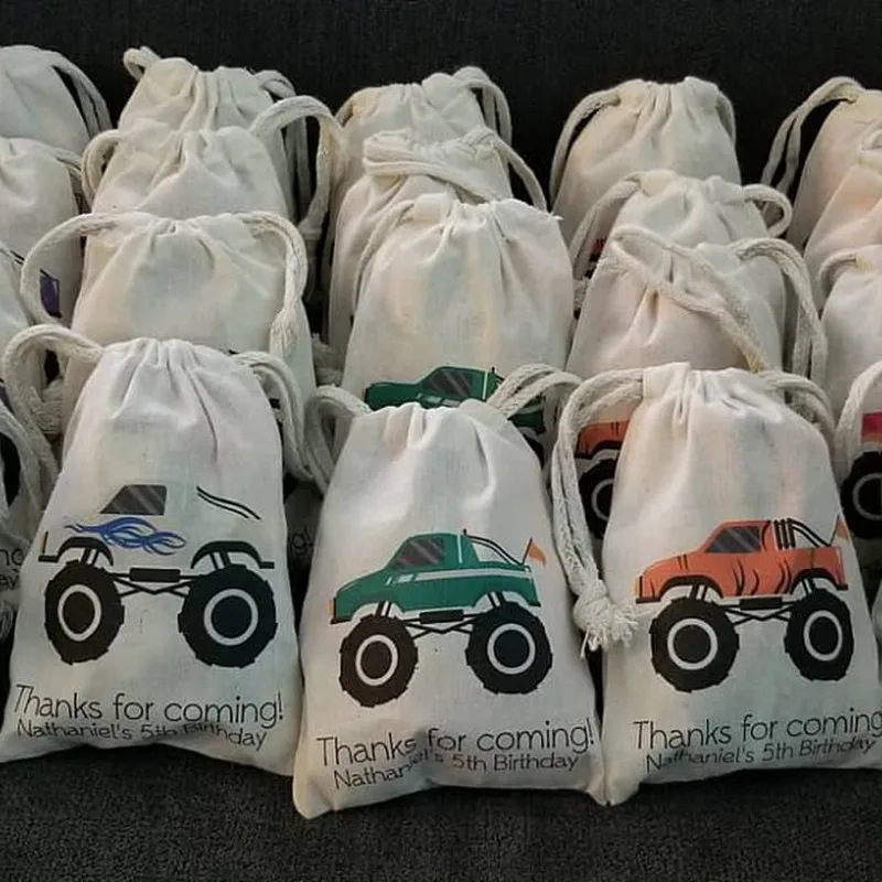 

Monster Truck Party Favor bag personalised baby Shower bags kid Birthday party Treat Bags bachelorette welcome muslin gift bag