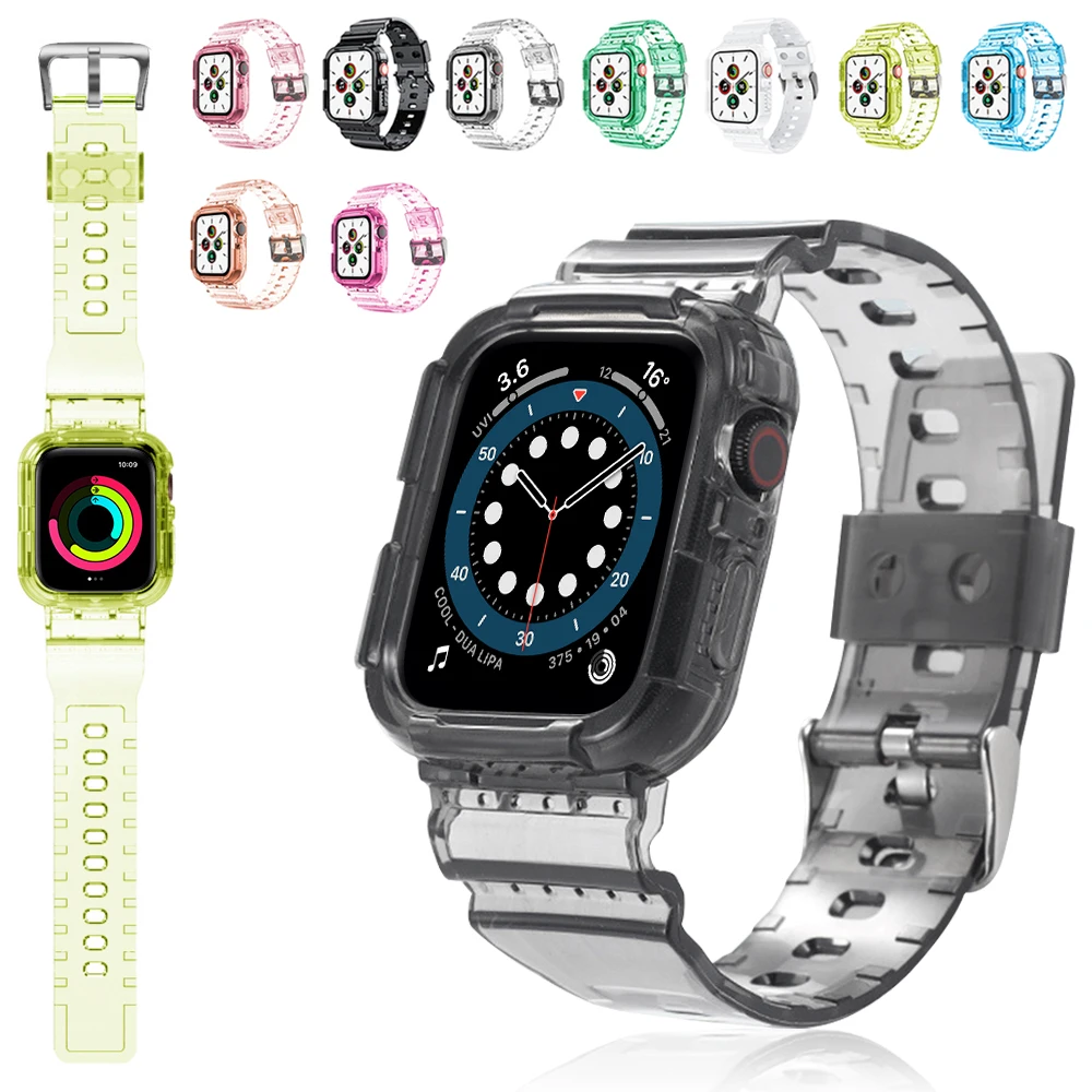 

Newest Clear Band + Case for Apple Watch Series 7 6 SE 5 4 44mm 42mmTransparent for iwatch Strap 3 2 1 38mm 40mm Plastic Strap
