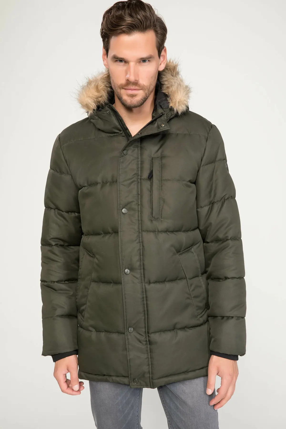 DeFacto Мужская зимняя армейская зеленая пуховая куртка длинные пальто мужское