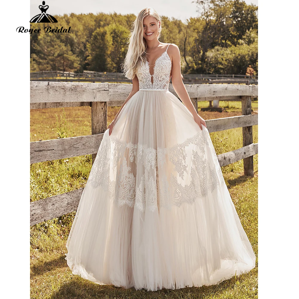 

Lovely Sleeveless Sweep Backless Spaghetti Straps V-neck Tulle Floor-Length Appliques Lace Wedding Dresses 2022 Bridal Gowns