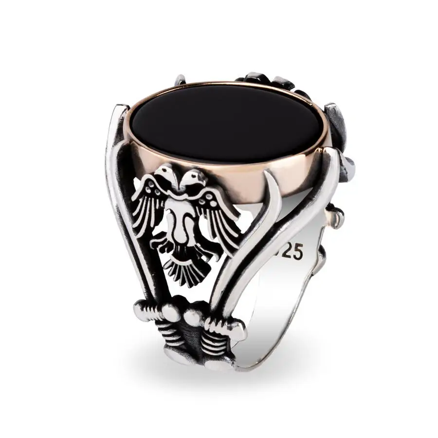 

Men Handmade Silver Ring With Black Oval Onyx Stone And Sword Animal Eagle Motif, Seljuk Empire Ring, 925 Sterling Silver