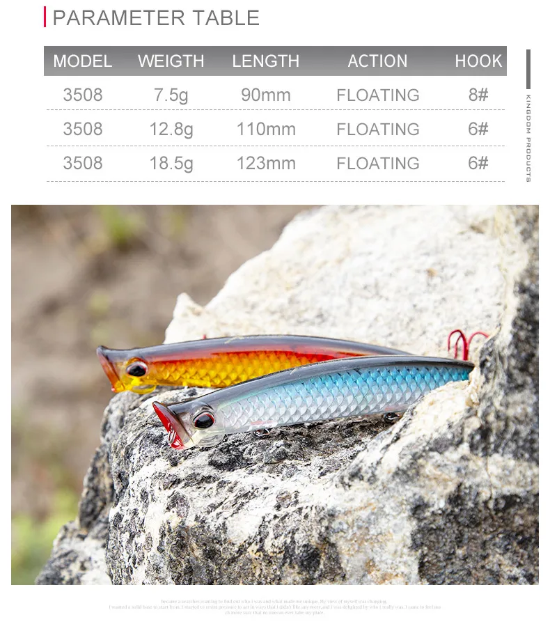 Kingdom Fishing Приманка Topwater приманка поппер 123 мм 18,5 г, 110 мм 12,8 г, 90 мм 7,5 г жесткая приманка искусственная приманка плавающая приманка модель 3508