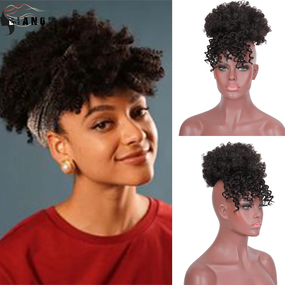 

DIANQI Synthetic Short Curly Corn Wig for Woman Bangs Party Daily Use Wigs Brown Fluffy Curls Hairband Turban Wrap Hair