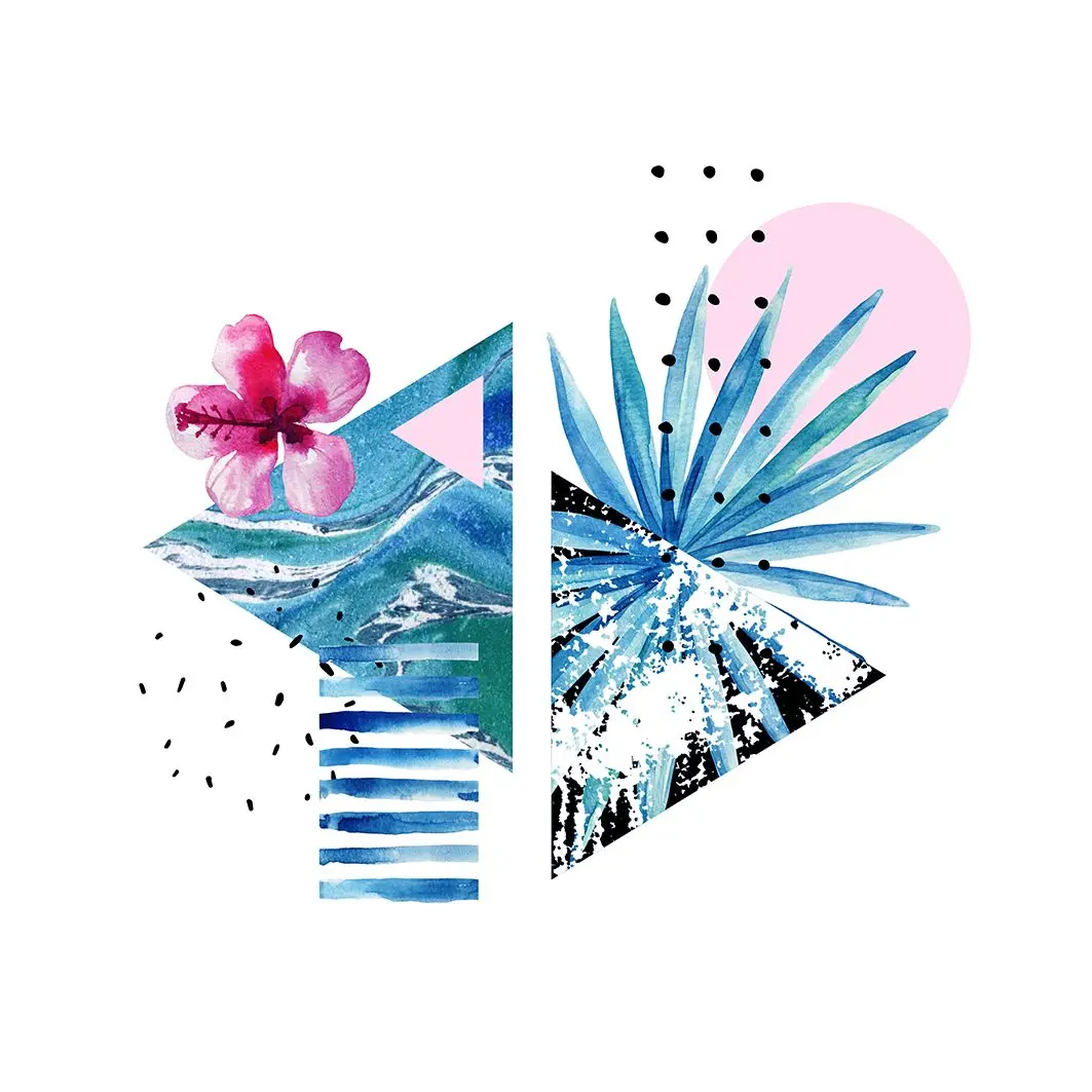 

Curtain Tropical Flowers Palm Leaves Sea Waves Patterns in Triangles Shapes Watercolor Artwork Blue Pink