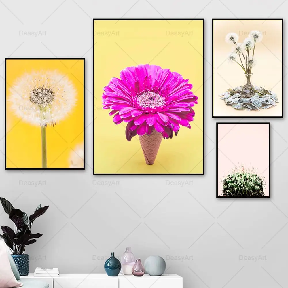 

Canvas Painting Scandinavian Dandelion Poster And Print Pink Aesthetic Flower Cactus Nordic Wall Art Picture For Kids Room Decor