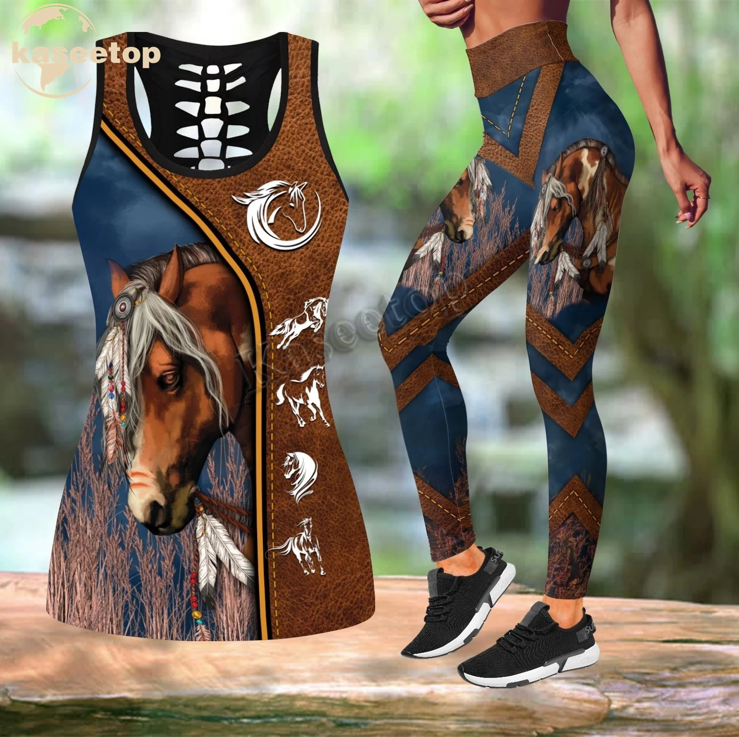 

New Love Horse Tank Top 3D Print Women Two Piece Yoga Set Vest Hollow Combo Tank Top Legging Waist Sport Fitness Quick Dry LK342