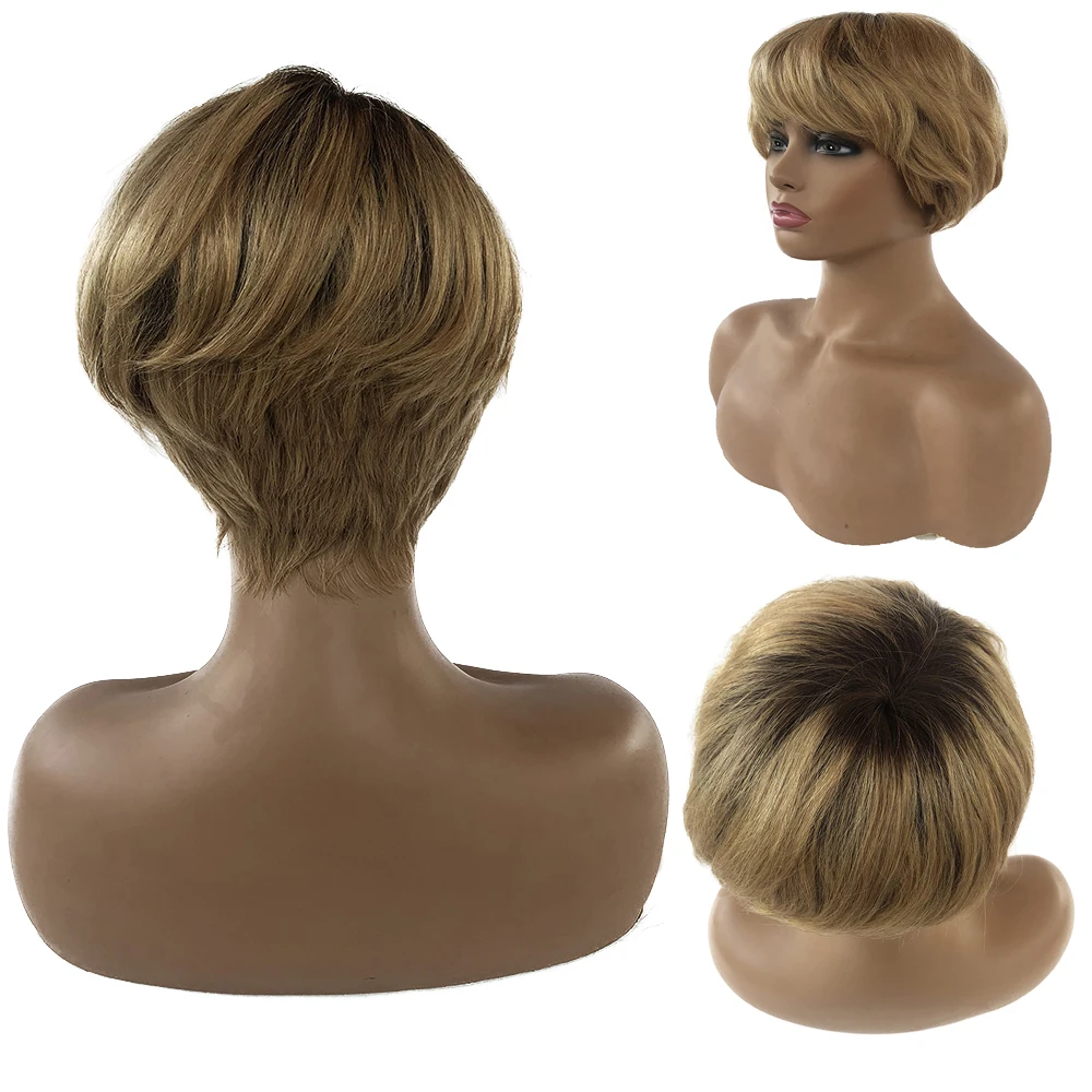 

Ombre Brown Short Pixie Cut Bob Wig 150% Density 4T27 Glueless Full Machine Made No Lace Front Human Hair Bob For Women