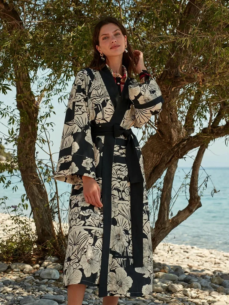 

Women Black Flower Printed Belted Long Kimono Cardigan Casual Blouse Spring Summer Vintage Swim Cover-Ups Female Beach New 2021