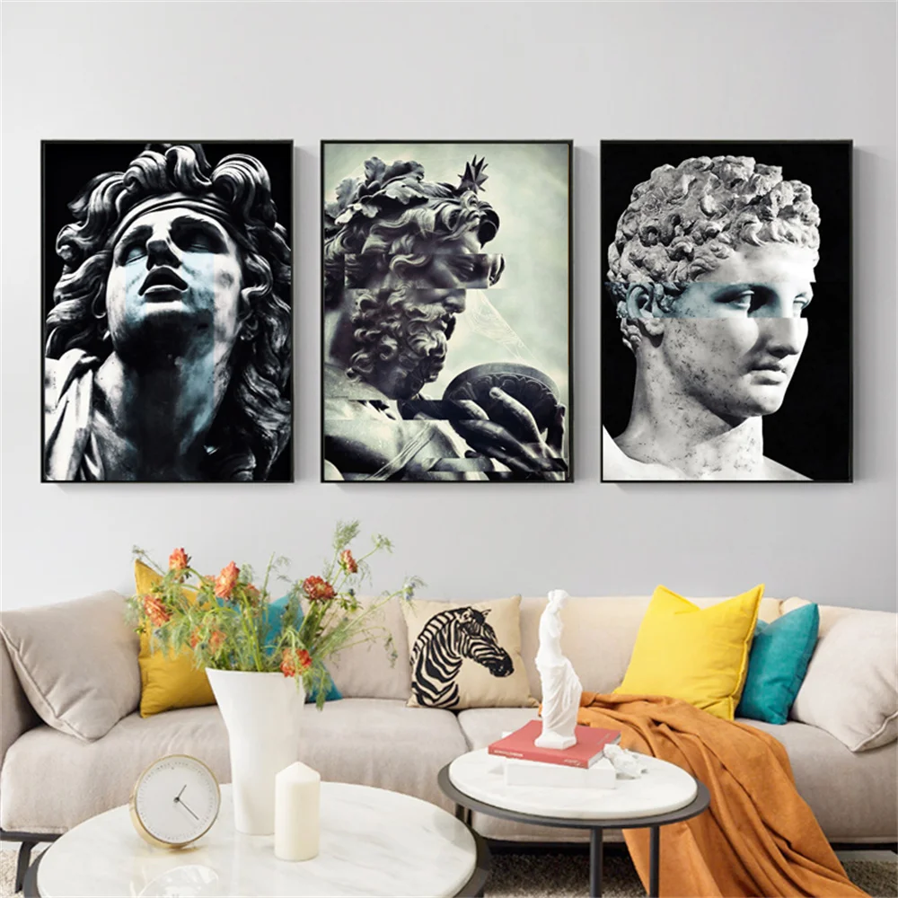 

Retro White Sculpture Zeus Modern Art paintintg Canvas Prints Wall Black Poster Large Home Decor For Living Room Bedroom Gift