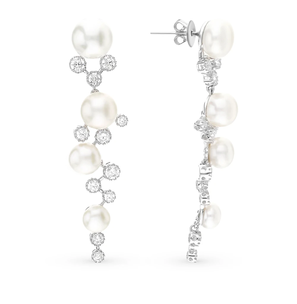 Серебряные серьги с фианитами и жемчугом SUNLIGHT проба 925 | Украшения аксессуары