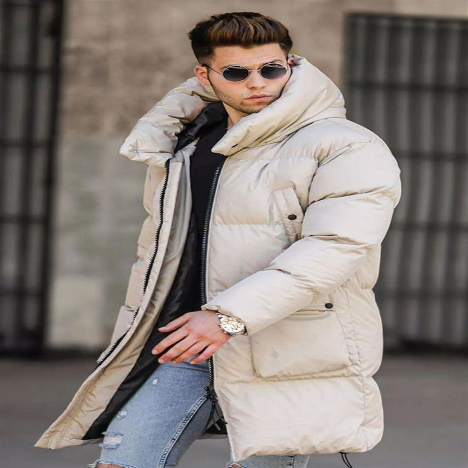 Black Inflatable Long Coats Winter warm men jacket coat casual autumn stand collar puffer thick şapka down filled jacket male
