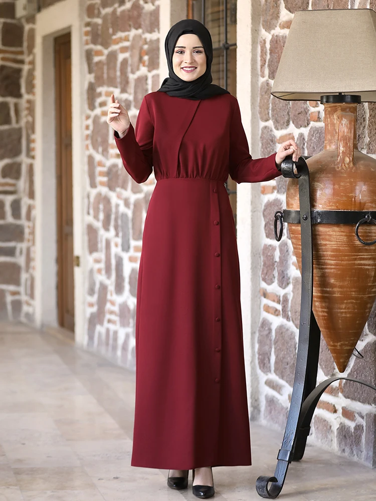 

New Season Muslim Women Hijab Dress With Waist Pleated Skirt Button Detailed Islamic Clothing Ramadan Mubarak High Quality