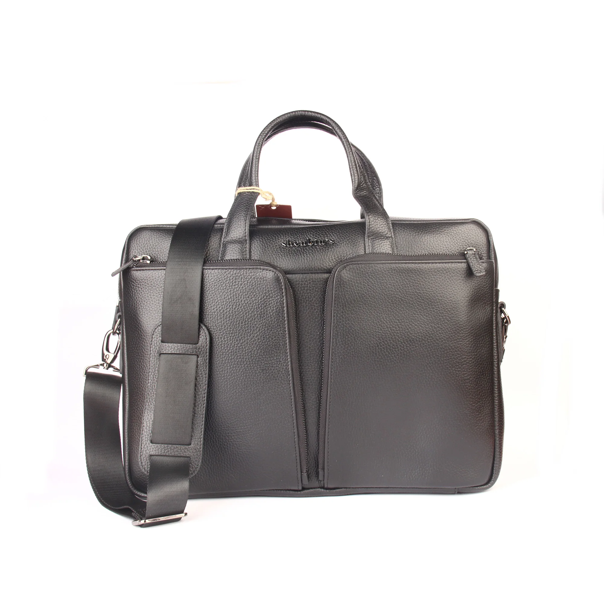 Men's Black Messenger Bag, Genuine Calf Leather, Briefcase, 30x40 cm, Double Front Pocket, Business Documents Laptop Mobile