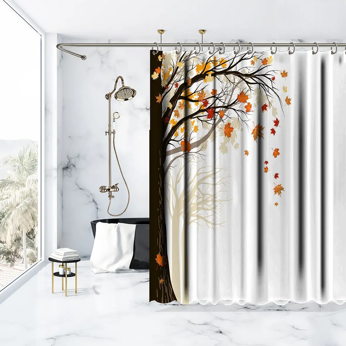 Занавески для душа деревья в лесу с падающими кленовыми листьями романтический
