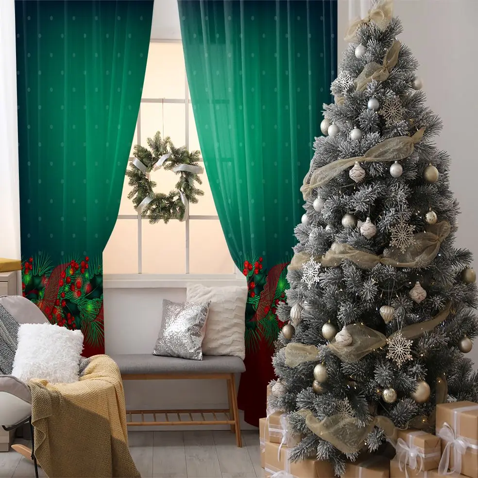 

Curtain Garland With Pine Branches Berries And Ribbons On Polka Dots Background Vintage Style Christmas Decor Art Red Green