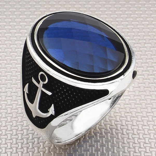 

Sailor Anchor Figure Blue Zircon Gemstone Silver Ring Jewellery 925 Sterling Silver Ring Handmade with Natural Stone Men Ring