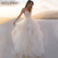 mqupin boho spaghetti strap v neck bridal wedding dress beach robe sleeveless princess layered tulle 2022 fashion